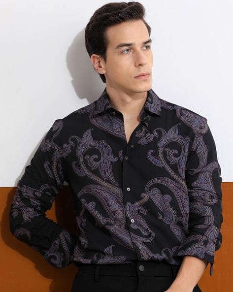 Rare Rabbit Men Printed Slim Fit Shirt with Spread Collar