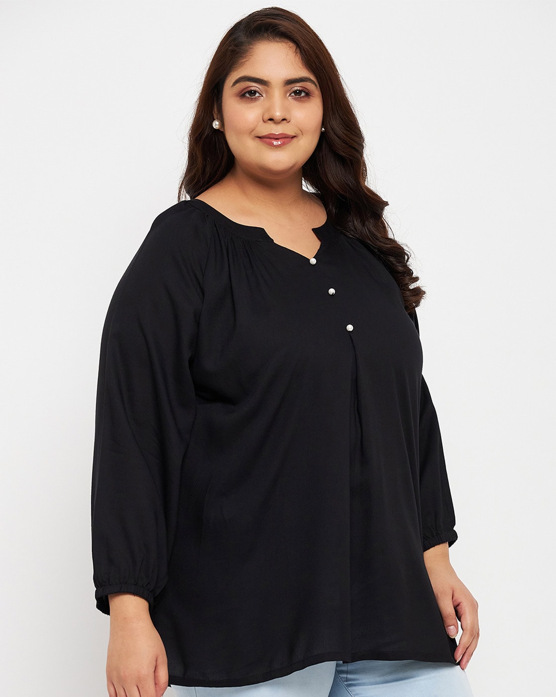 Final Sale Plus Size Deep V Top with Ruched Sides in Black – Chic