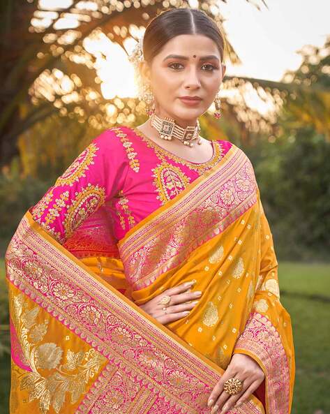 Hot Pink and Orange Handloom Designer Banarasi Saree – MySilkLove