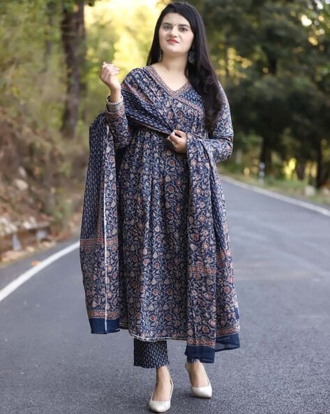 Floral Print Anarkali Kurta with Pants & Dupatta