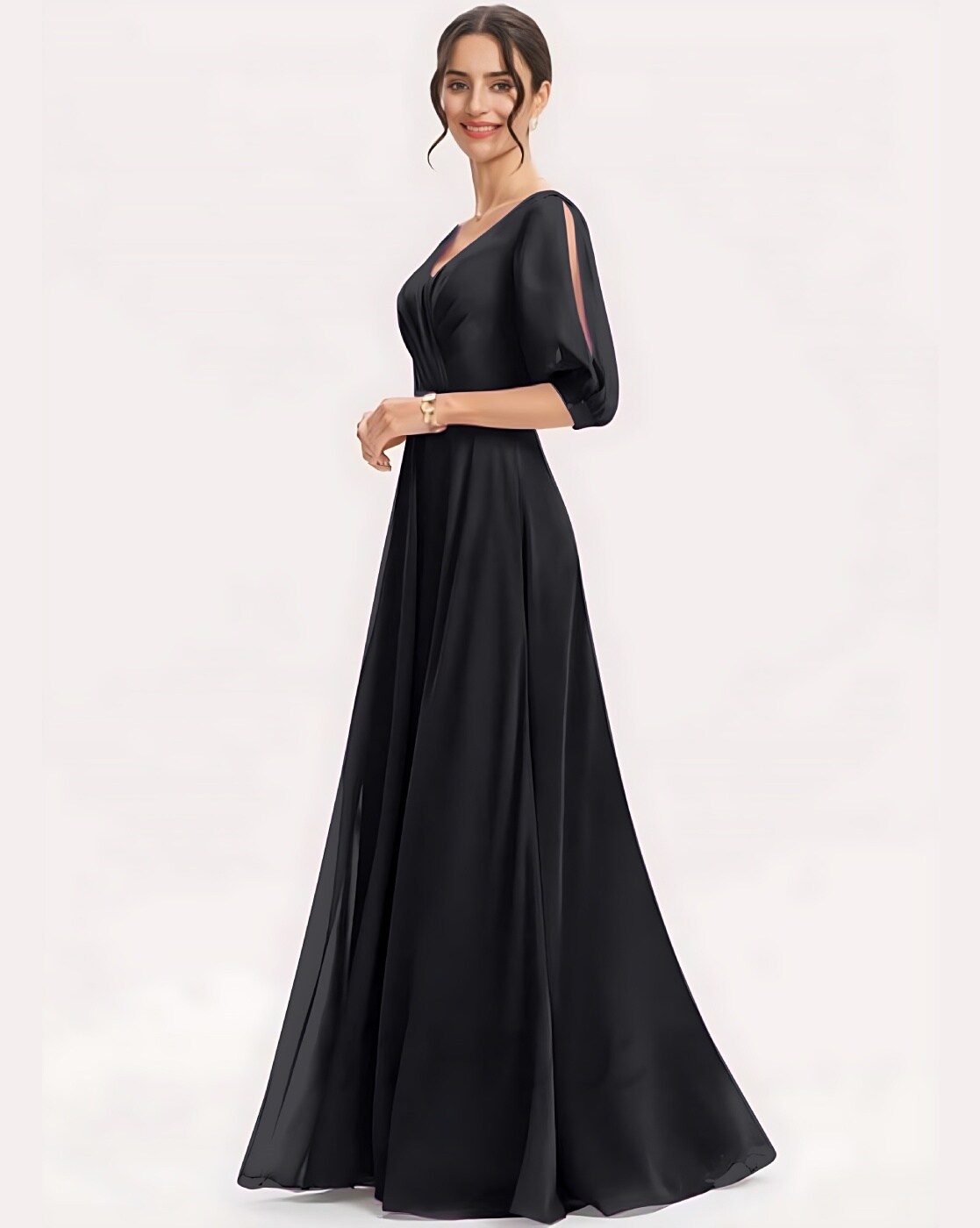 Black Prom Dresses VNeck Puffy Sleeves ALine Evening