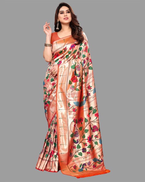 Buy Leelipeeri Designer Women Orange Silk Blend Paithani Saree