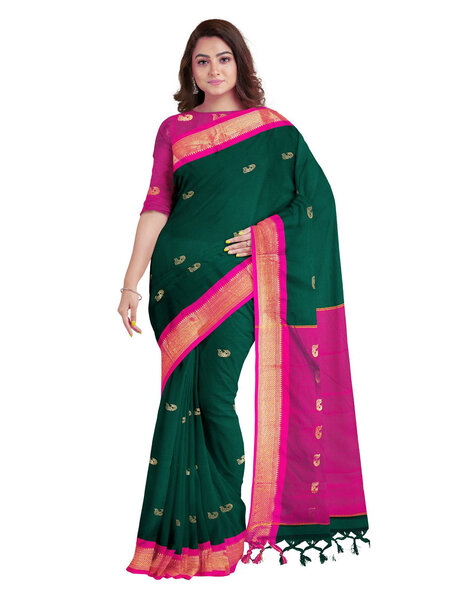 Buy Zenophily Woven Kanjivaram Pure Silk, Art Silk Dark Green, Pink Sarees  Online @ Best Price In India | Flipkart.com