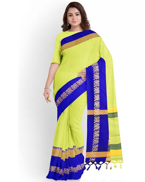 Half Silk Handloom Saree With Blouse Piece For Women - Lemon Green - MT2455