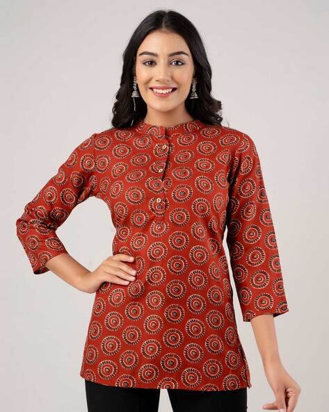 FERANOID Printed Top with Mandarin Collar