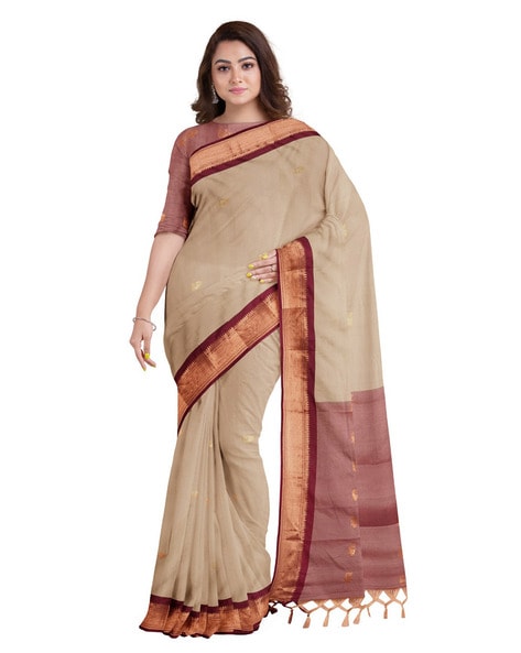 Cream & Maroon Pure Soft Silk Saree By Saree Vale