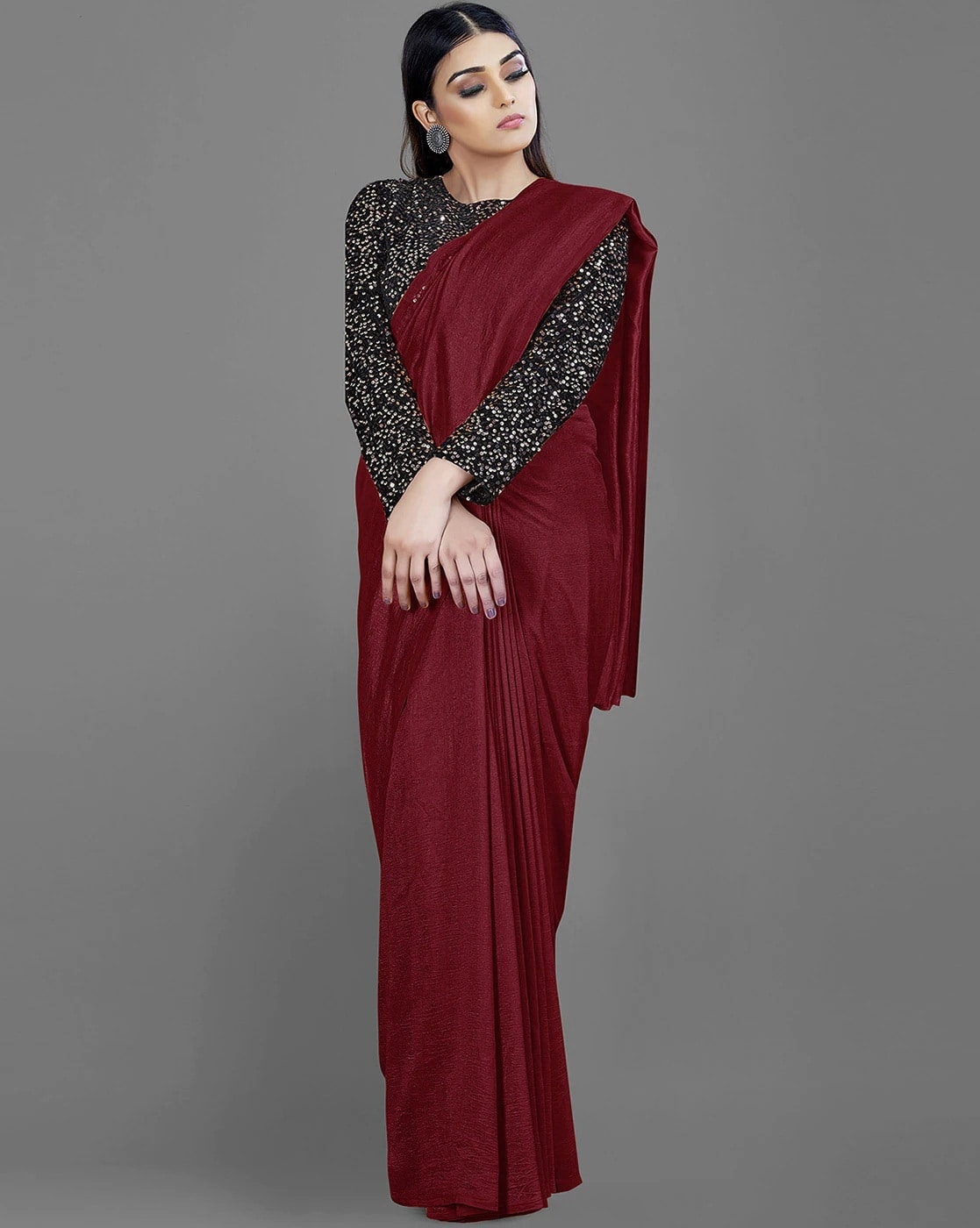 In a grey color ruffle saree and maroon color full sleeve blouse design |  Full sleeves blouse designs, Full sleeve blouse, Designer saree blouse  patterns