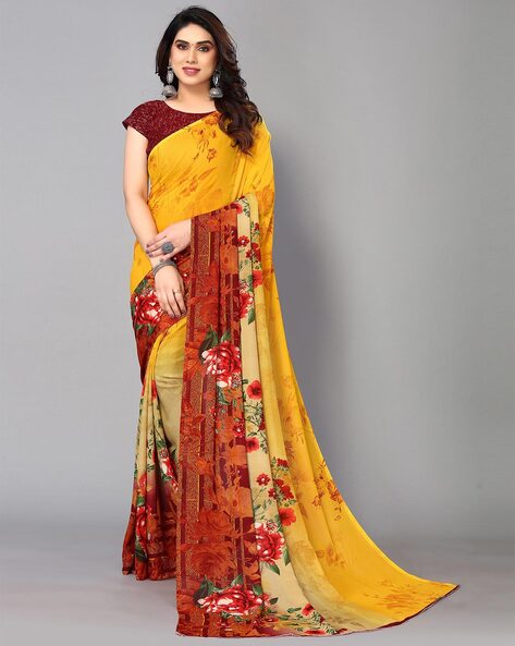 Buy Corn Yellow Organza Saree With Floral Print, Moti Embroidered Border,  And An Unstitched Blouse