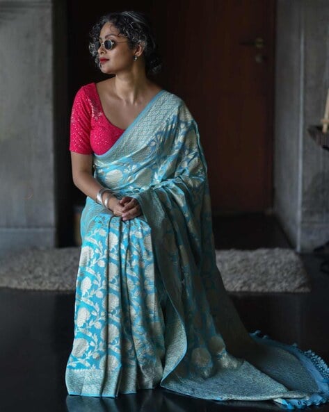 Fashionable Blue Color Silver Design Silk Saree – Amrutamfab