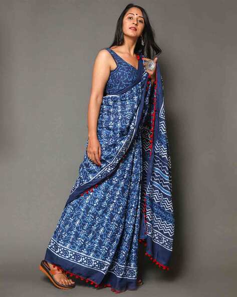 Buy soft cotton sarees with pom pom in India @ Limeroad