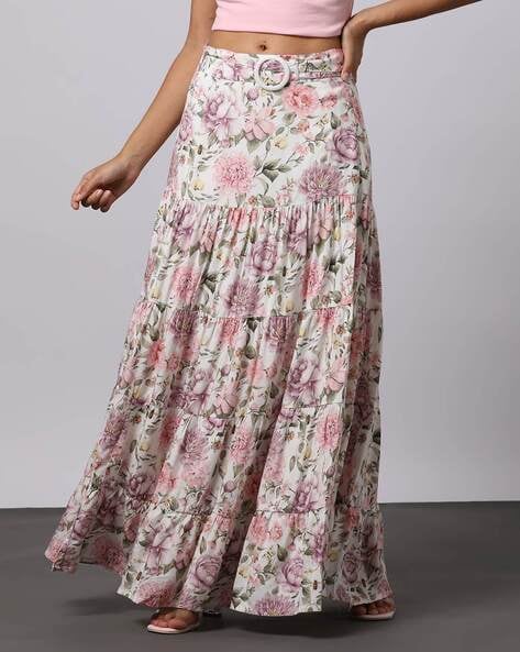 Raspberry Silk Top  Floral Tiered Skirt Set for Women  BInfinite