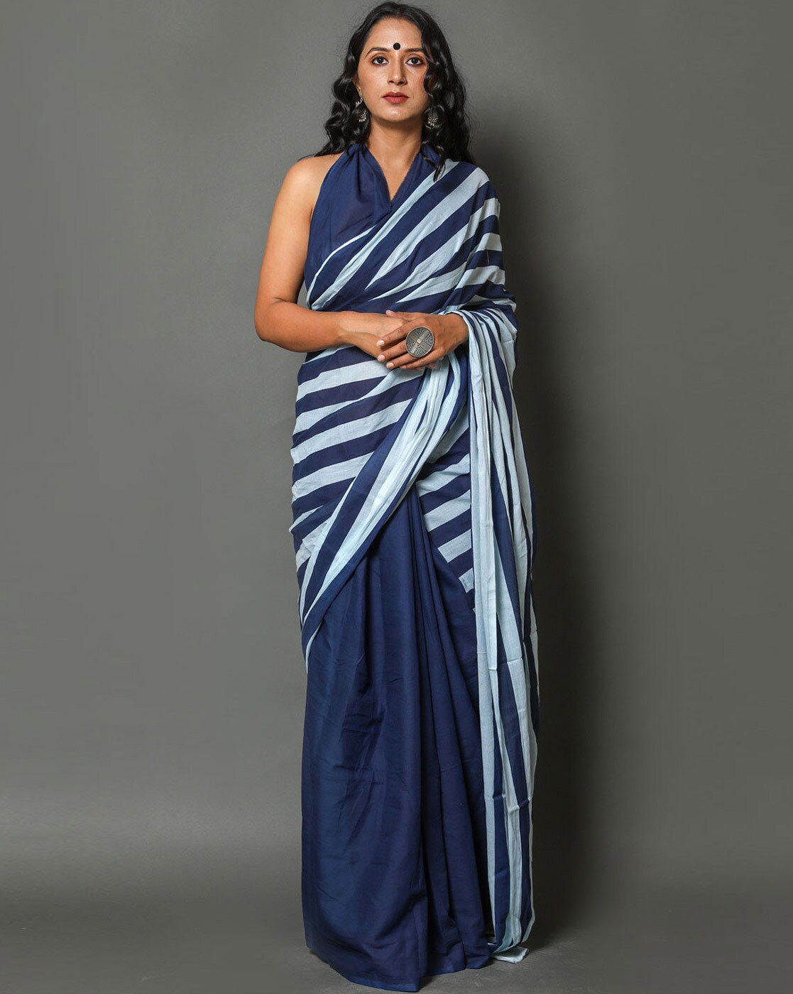 Beauteous Kajol In Blue & White Striped Saree With Heavy Sequence Blouse