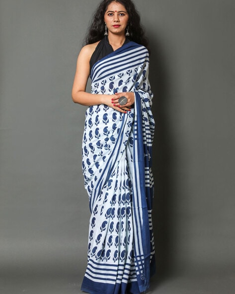 Buy Unnati Silks Grey Blue Pure Cross Weave Mangalagiri Cotton Saree with  Unstitched Blouse online