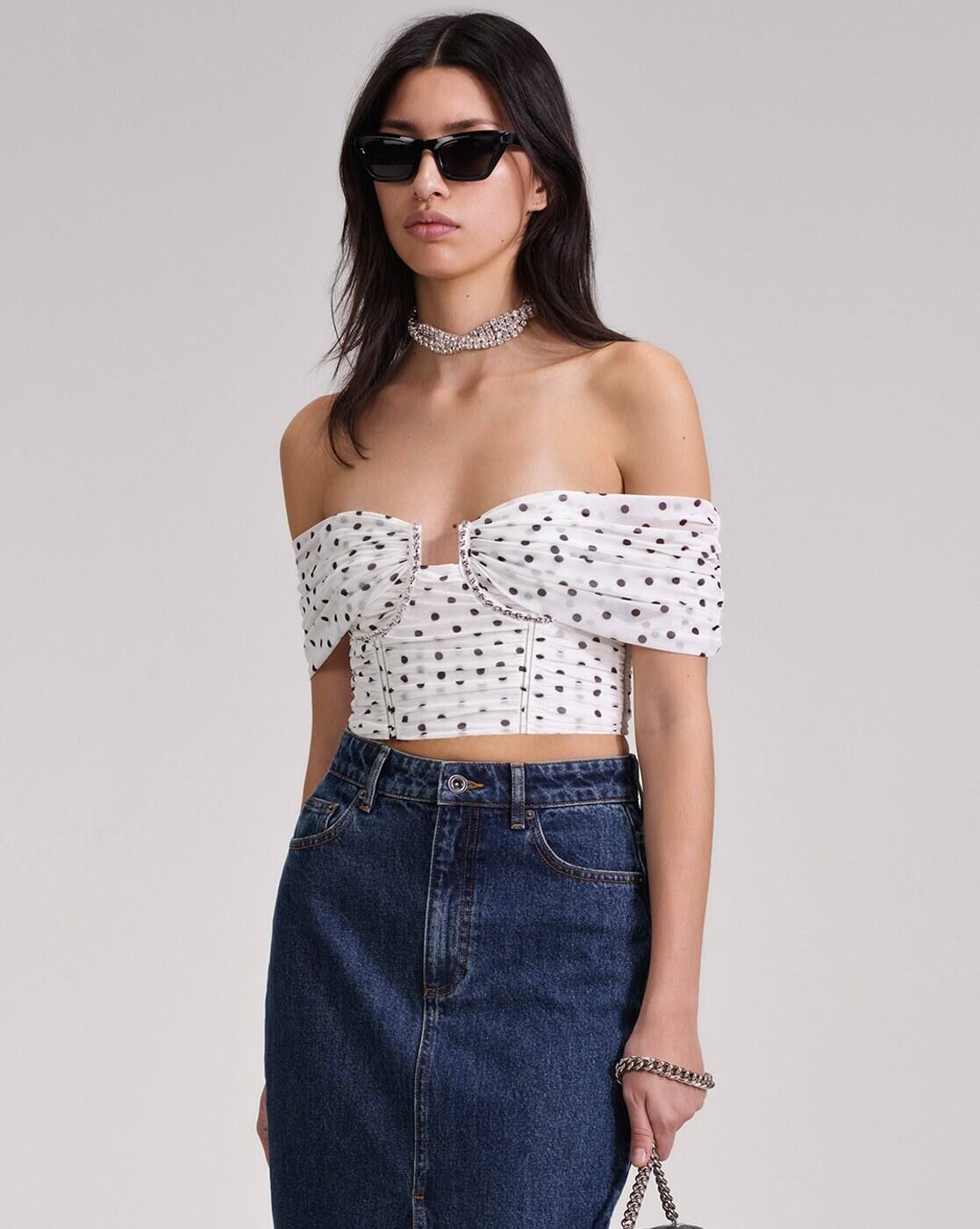 Buy Self Portrait Polka-Dot Off-Shoulder Top | White Color Women