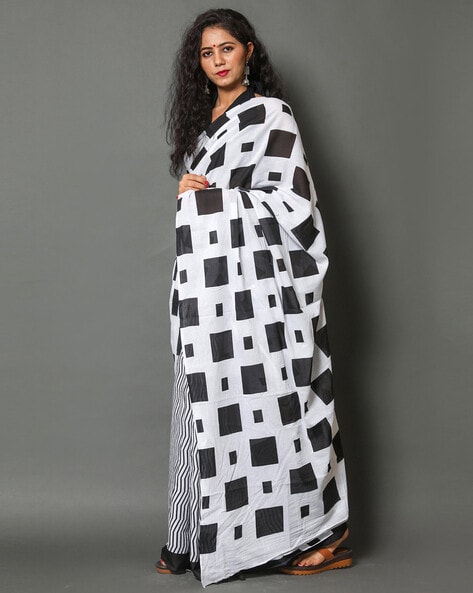 Grey Saree With Geometric Buta  Saree blouse designs latest