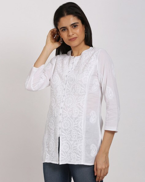 Pure white colour cotton Allover chikan kurti front and back chikan kadhai  kurta for women girl