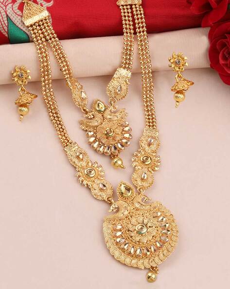 24Kt Gold Plated Long Multi Layer Necklace Set Lahori Rani Haar with P –  Swatam Fashion