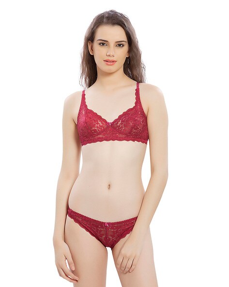 Buy online Red Net Bra And Panty Set from lingerie for Women by