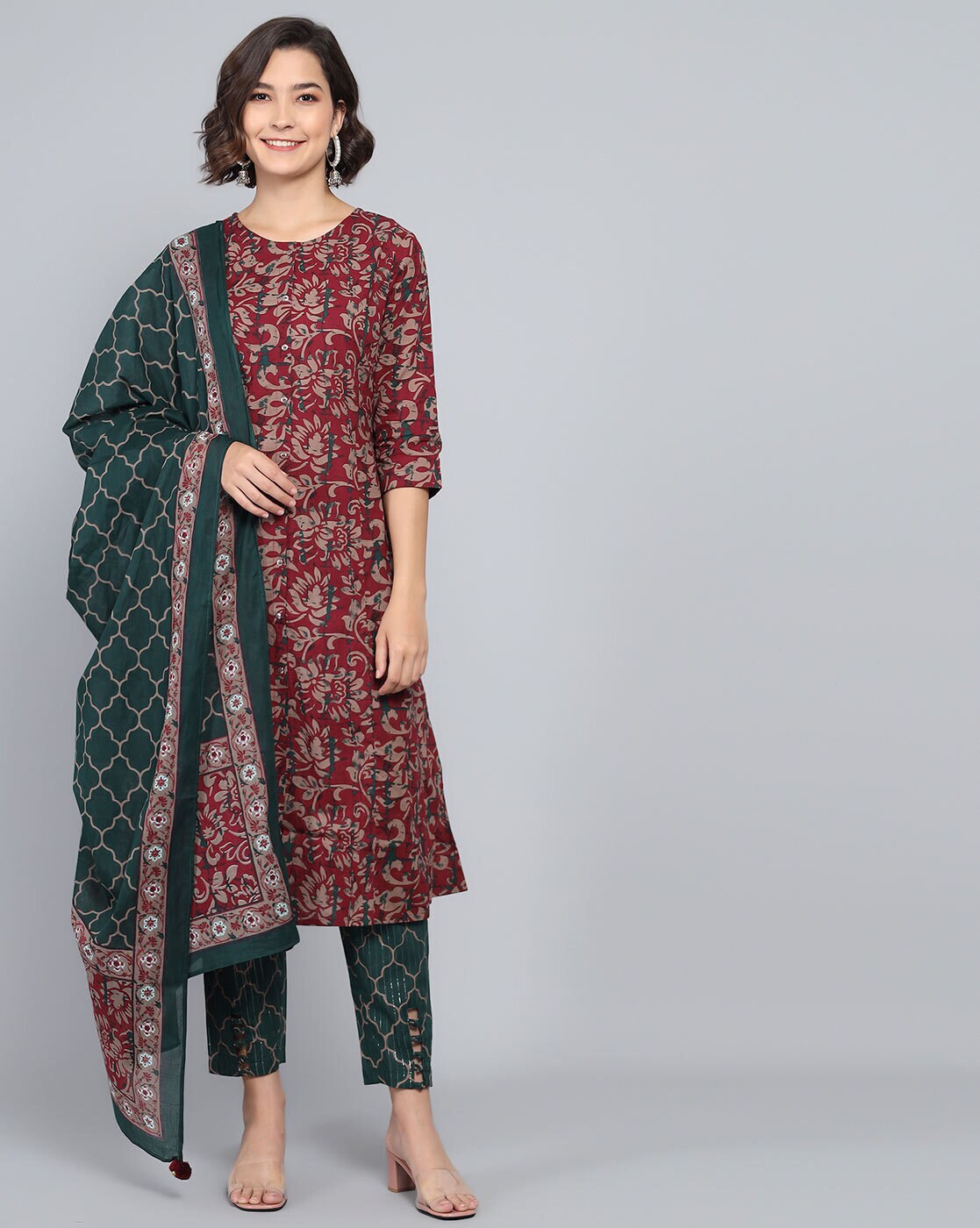 Maroon & Green Print Cotton Set of Kurta With Pant & Dupatta – Rangdeep