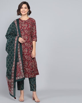 Maroon & Green Print Cotton Set of Kurta With Pant & Dupatta – Rangdeep