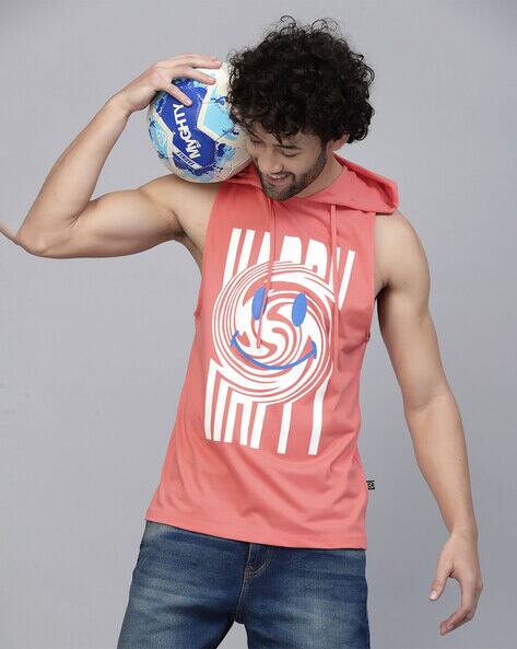 Typographic Print Sleeveless Vest with Hoodie