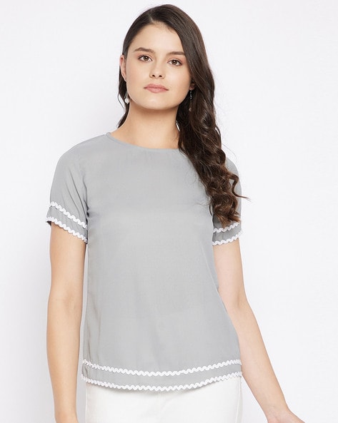 Ruhaans Round-Neck Top with Embroidered Accent