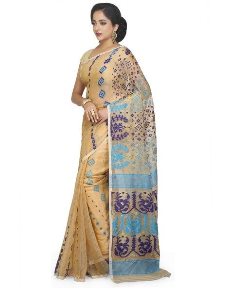 Banarasee Cotton Silk Jamdani Saree With Resham & Zari Design-Blue