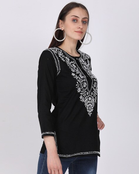 Rohia by Chhangamal Women's Black Traditional Lucknow Chikan Kurti (Cotton,  X-Small) : Amazon.in: Fashion
