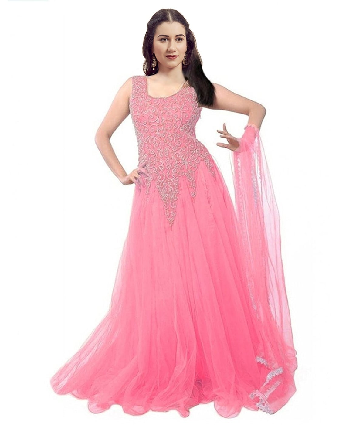 Pink Gown In Soft Net Fabrics With Heavy Foil Mirror And Thread Work at Rs  2299.00 | Mirror Work Fabric | ID: 25021075012