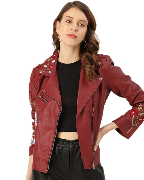 Red Leather Motorcycle Jacket for Women | Biker Leather Jacket