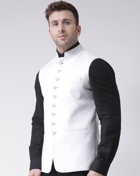 Fuscous Gray Textured Premium Terry-Rayon Wedding Nehru Jacket For Men.