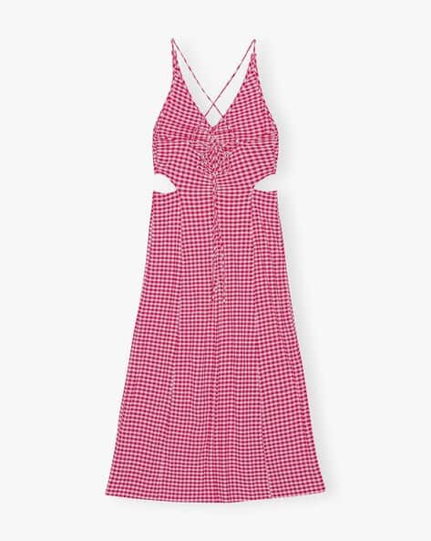 Buy Ganni Checked Stretch Seersucker A-Line Maxi Dress | Pink 