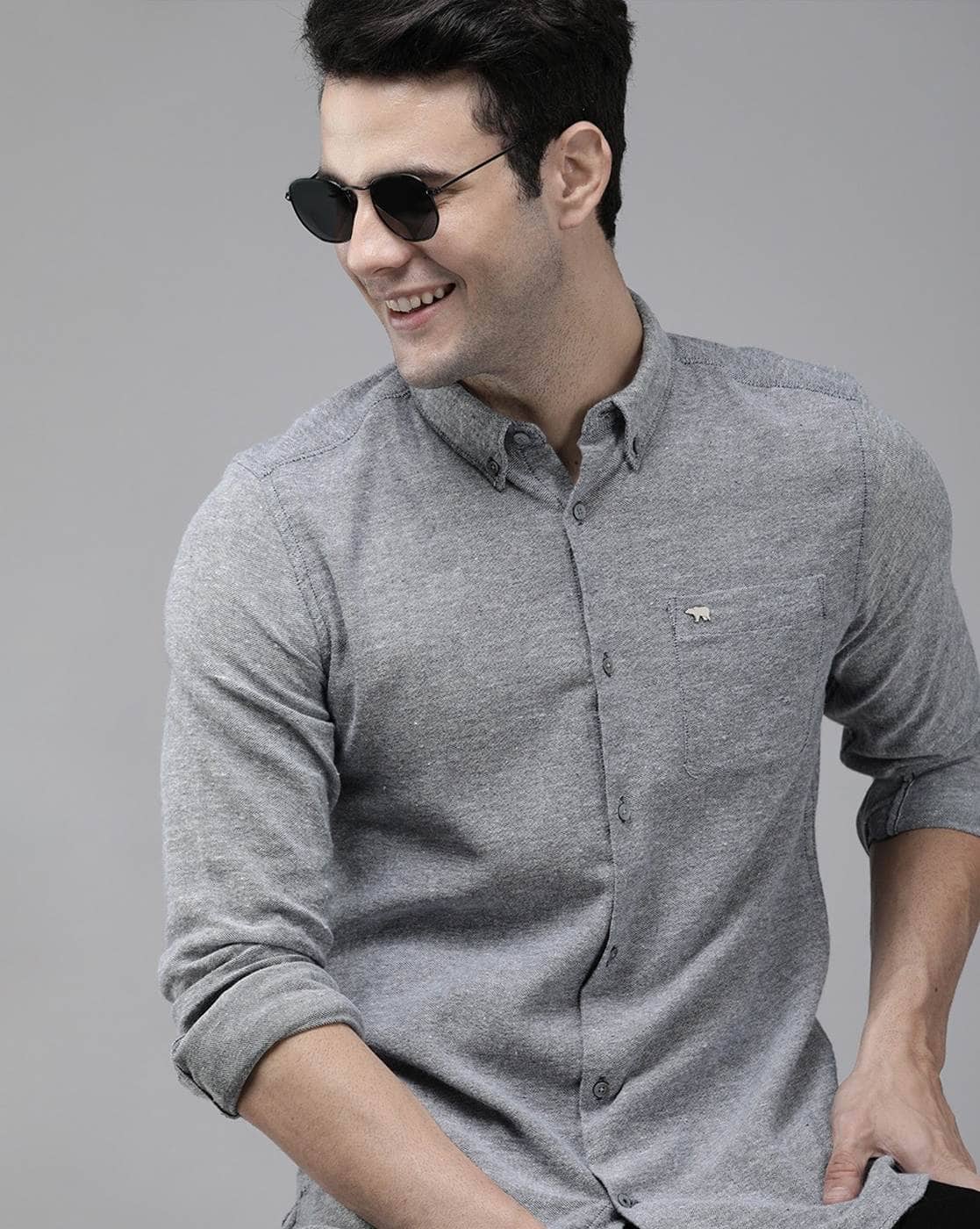 THE BEAR HOUSE Men Heathered Slim Fit Shirt For Men (Grey, M)