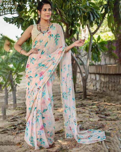 Floral Printed Saree in Chiffon with Scallop Embroidery Sequin Border