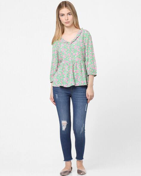 ISCENERY BY VERO MODA Talia Floral Print Top with Ruffle Trim