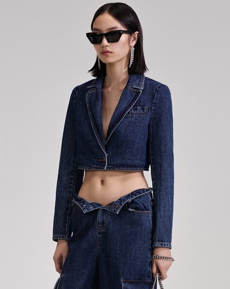 PADDED CROPPED DENIM JACKET - Blue | ZARA Uzbekistan