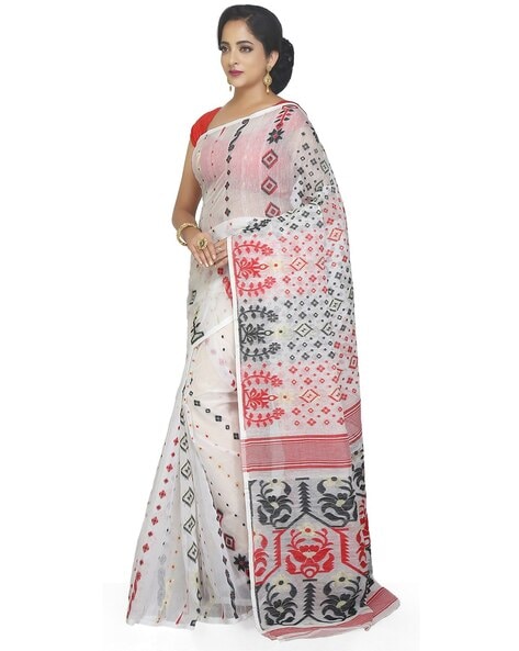 Buy Angoshobha Traditional White & Red Soft Dhakai Jamdani Saree with  Unstitched Blouse online