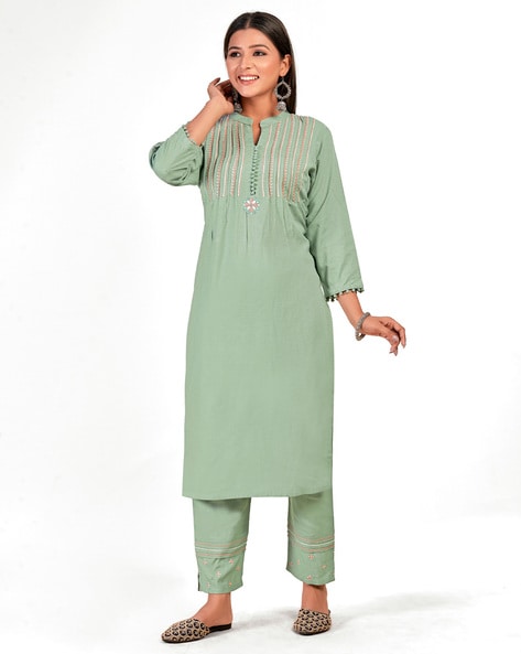 Sea green net embroidered pant style suit 1007