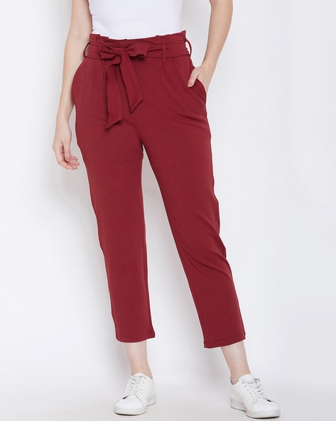 Buy DressBerry Women Burgundy Regular Fit Solid Regular Cropped Mid Rise  Trousers - Trousers for Women 10440608 | Myntra