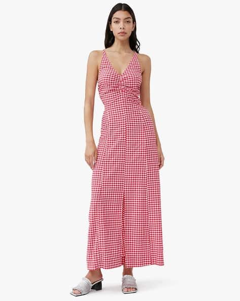 Checked Stretch Seersucker A-Line Maxi Dress