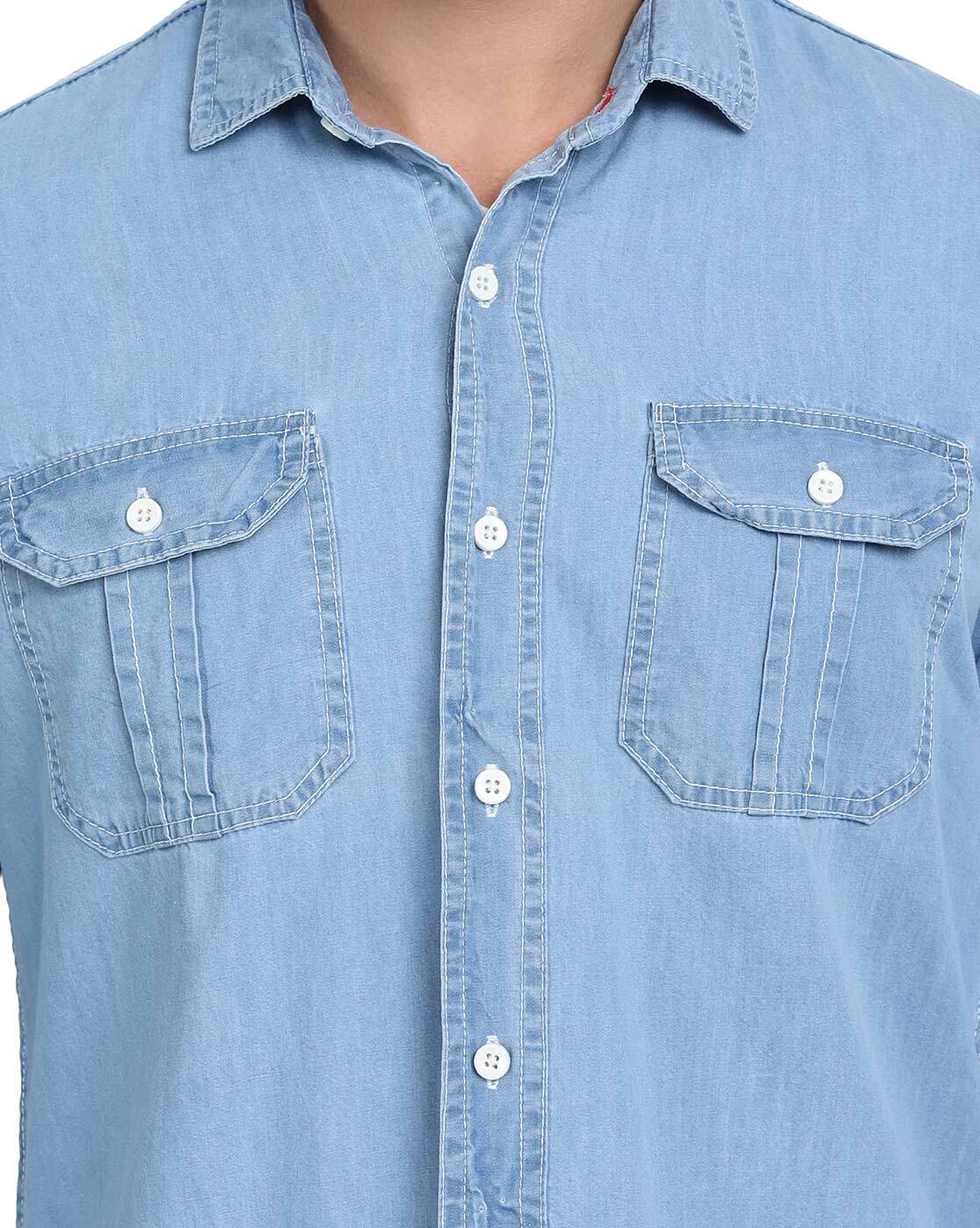 Men Denim Thin Shirt Long Sleeve Soft 100% Cotton Two Pockets,Light  Blue,XXXL(Asian Size) : Amazon.in: Fashion