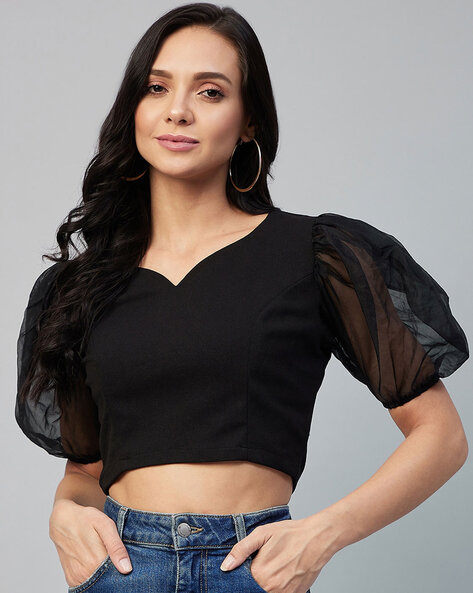 Crop Top with Mesh Puff Sleeves