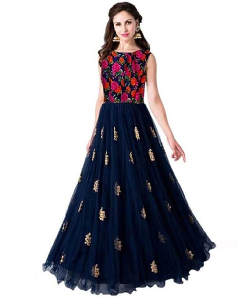 Party Wear Western Tropical Floral Long Printed Anarkali Maxi Gowns Dress  for Women Gentle Wash