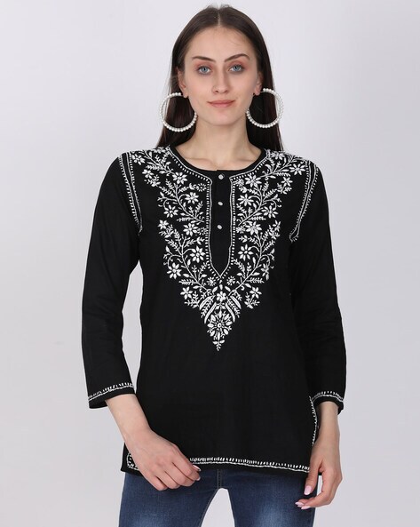 Buy Ada Women's Hand Embroidered Faux Georgette Lucknow Chikankari Kurti  with Slip S131880 Black at Amazon.in