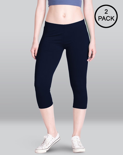 Buy S R Collection Women's Calf Length Capri Cropped Leggings Cotton Lycra  Fabric Slim Fit 3/4th | Pants Combo Set of 2 (Black-Dark Blue) at Amazon.in