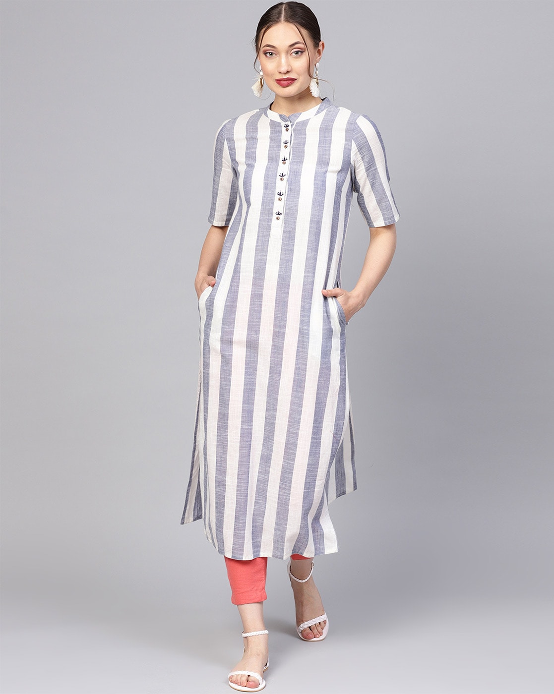 Woven Design Shirt Collar Cotton Straight Kurta– Inddus.in