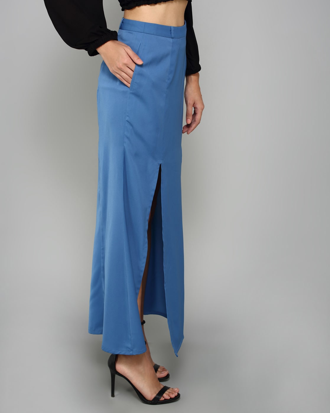 Couche - Blue Punto Plain Asymmetric Front Slit Skirt Set For Women