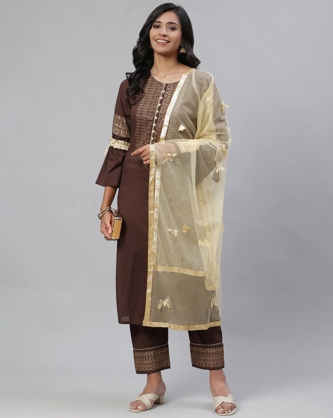 Brown Embroidered With Embellished Chiffon Kurti Pant Set With Dupatta
