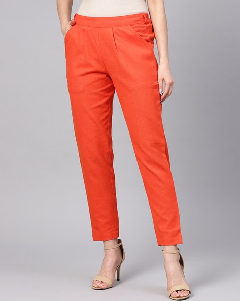 Women Checked Regular Fit Trousers  Orange  Benetton