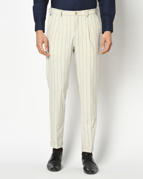 Sojanya Since 1958 Mens Cotton Blend Grey  OffWhite Striped Formal  Trousers
